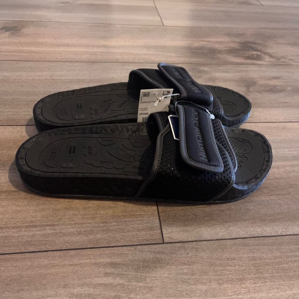 Adidas Pharrell Williams Human Race Logo Triple Black Slide Mens 10 - Picture 3 of 7